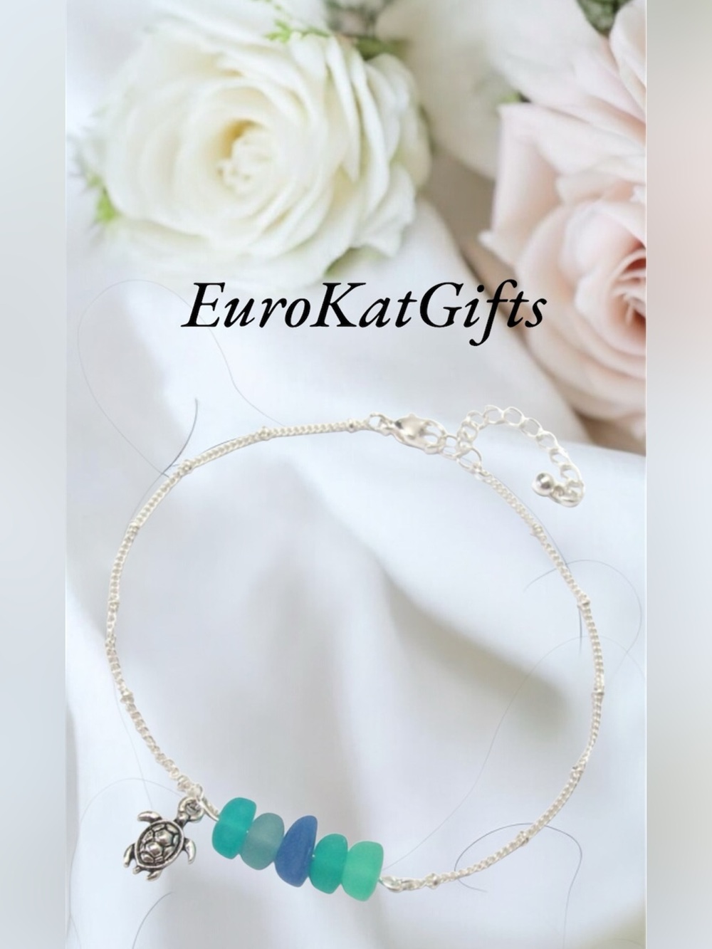 Trendy Silver Turtle Bracelet Ankle Bracelet Hand Crafted Tumbled Sea Glass NEW
